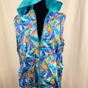 Vintage 90s Tropical Hooded Vest Large Colorful Windbreaker Coastal